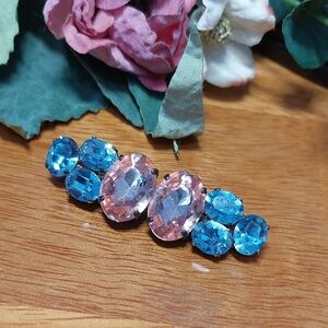Vintage Pink Blue Rhinestone Bar Brooch 2.25"